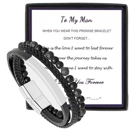 Eigso Mens Black Leather Cuff Bracelet withStainless Steel Clasp Vintage Lava Rocks Matte Beads Wristband for Man Woman