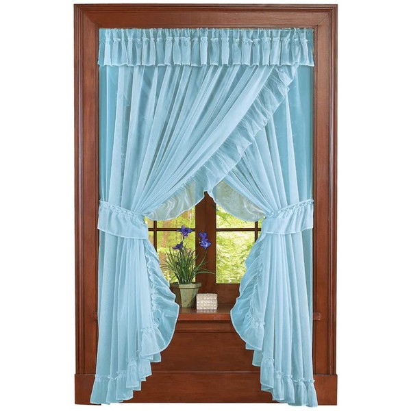 Collections Etc Isabella Ruffled Sheer Fabric Rod Pocket Window Curtain Set, Blue