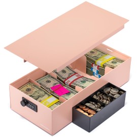 Volcora Cash Box Money Organizer - 15” x 7.5” x 4” Cashbox 5 Compartments Drawer Tray - Bills and Coin Slot with Combination Lock for POS Register, Kiosk, Retail, Personal and Business Use, Pink
