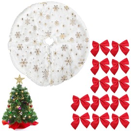 Christmas Tree Skirt, Round Shape Christmas Tree Stand, Snowflake White, Christmas Tree Blanket Skirt, Christmas Tree Blanket Rug, with 12 Pieces Christmas Bows, 40 cm