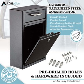 AdirOffice Wall Mount Mailbox - Mailbox with Lock and Keys- Durable Wall Mounted Locking Mailbox and Cash Drop Box for House, Apartments and Bussiness After Hours Deposits