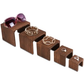 MOOCA 5-Piece Wooden Jewelry Display Risers - Multi-Function Retail Stands for Rings, Watches, Necklaces, Bracelets, and More - Various Heights, Brown Color