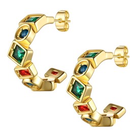 Multicolor Gemstones Hoop Earrings - Women 316L Stainless Steel Gold-Tone Geometric C-Shape Design Stud earrings 1 Inch SE0122K