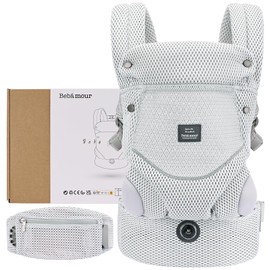 Bebamour Breathable Baby Carrier Ergonomic Infant Carrier for 7-32lbs, Adjustable Knob for Baby Hip Healthy Develop, Air Mesh Infant Carrier,Front and Back Baby Carrier with 2 Teething Pads (Grey)