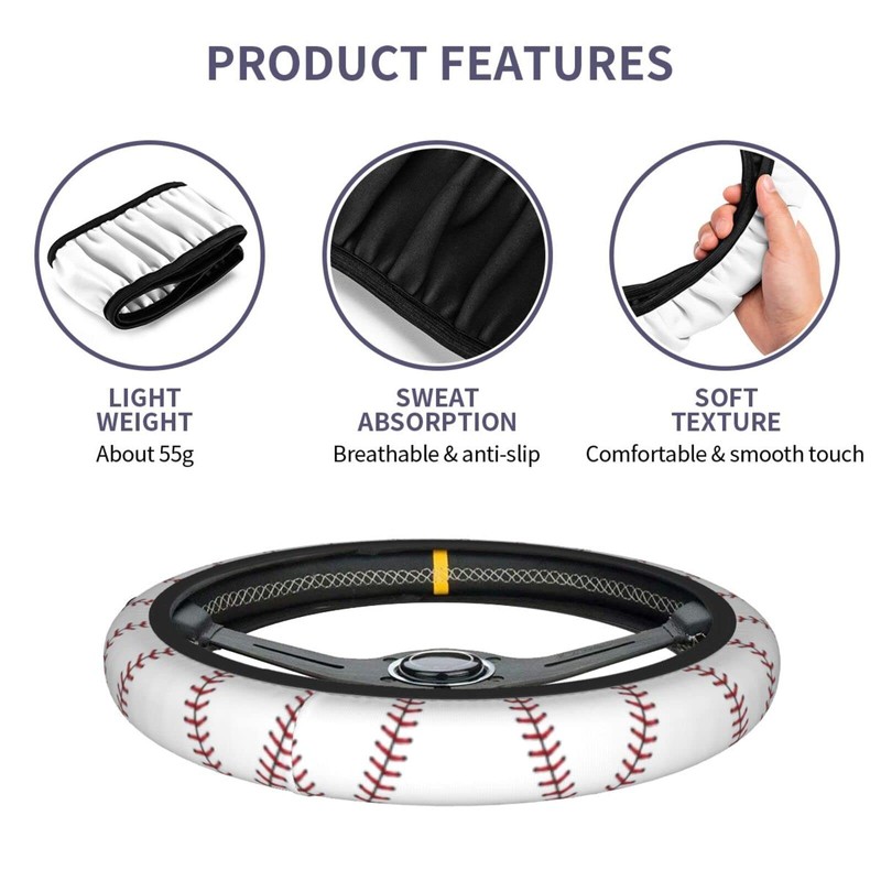 White Baseball Red Lace Steering Wheel Cover, Non Slip Durable