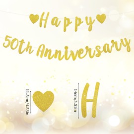 2pcs Happy 50th Anniversary Banner, Pre-Strung Glitter Gold 50th Wedding Anniversary Sign Decorations 50 Year Loved Party Favor & Decor