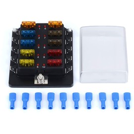 DC 12 ~ 32 V Blade Fuse Box Holder Fuse Block with LED Warning Light Protective Cover for Automotive, Car, Boat, Marine Trike with Detailed User Manual (10-Way + Fuse + Clamps)