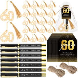 Spakon 50 Set 60th Birthday Souvenirs for Guest Anniversary Party Favor Golden Bookmark Thanks for Coming Pen with Tags