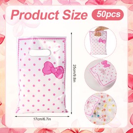 50pcs Cute Cartoon Party Favor Bags, Pink Goodie Bags with Handle & Bow Polka Dots Patterns for Candy Gift Snacks Baby Shower Birthday Party Decoration Supplies