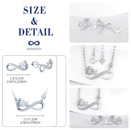 INFINIONLY Women's girl's Necklace Earrings, 925 silver necklace earrings, infinity symbol necklace and studs, infinity symbol pendant earrings decorative with rose flower, Inlaid Zircon, silver