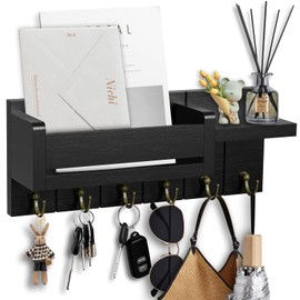 Lnopever Wooden Key Board with Shelf, Decorative Wooden Wall Shelf, Post Organiser, Key Boards Wall Mount with 6 Hooks, Key Board for Entrance, Hallway, Living Room, Black