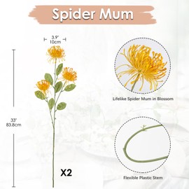 Hollyone 33" Orange-Yellow Artificial Mums Flowers Chrysanthemum Flowers 2Pcs Fake Spider Mum Flower Arrangement Faux Pincushion Flower with 3 Heads Long Stem for Party Centerpiece Bouquet Home Decor