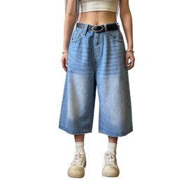 POHADON Women Y2k Baggy Jorts Vintage Wide Leg Long Jean Shorts Loose Fit Capri Denim Shorts Trendy Grunge Vintage Streetwear, Light Blue, Medium