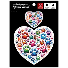 Colorful Pet Paw Heart Decals - Set of 2 Waterproof Vinyl Stickers for Car Window Bumper Laptop Water Bottle Tumbler Truck