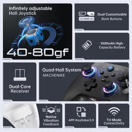 Machenike G3V2 Bluetooth Controller mit Ladestation, Hall Effekt Joysticks, RGB Gaming Controller Wireless für PC/Switch/iOS/Android, 2 Programmierbare Tasten, 1000mAh Akku, SchwarzB2