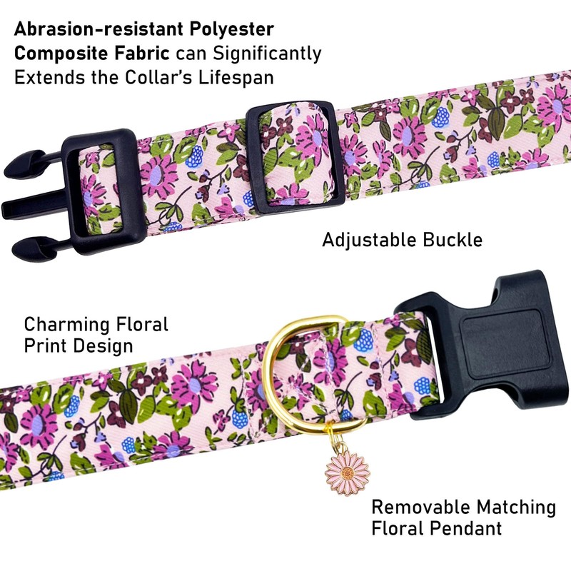 TEEMERRYCA Floral Print Dog Collar with Flower Charm - Durable