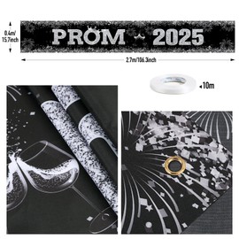 BOOMTOP Prom 2025 Banner, Extra Large Graduation Party Backdrop Black Silver Class of 2025 Prom Night Party Decoration for High School College Graduation, 270 * 40cm