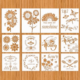 SAVITA 12Pcs Sunflower Bee Stencil Kit Honey Bee Reusable Template Painting Stencil Flower DIY Painting Crafts for Wood, Wall, Fabric, Canvas Drawing, Home Decor, 2 Sizes