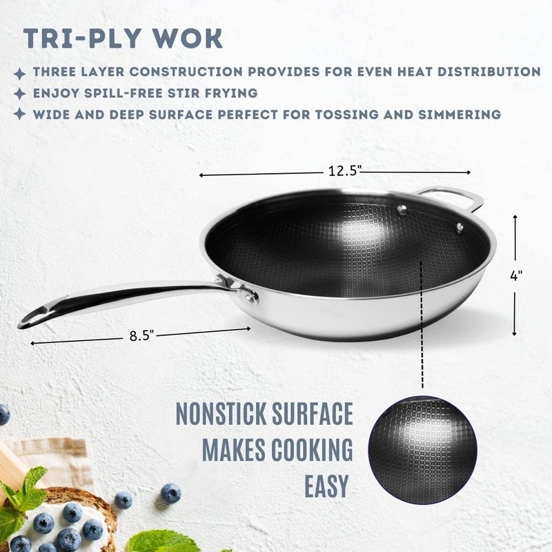 Lexi Home Tri-ply 5 Qt. Stainless Steel Nonstick Wok with