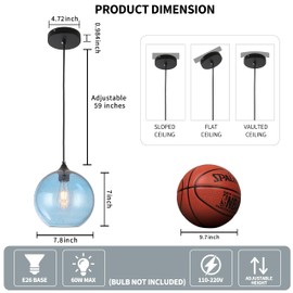 GLAMIGHT Blue Glass Pendant Lights Kitchen Island Lighting Globe Pendant Light Fixtures Modern Pendant Lighting for Kitchen Island Bedroom Living Dining Room Light Fixture,7.8inch
