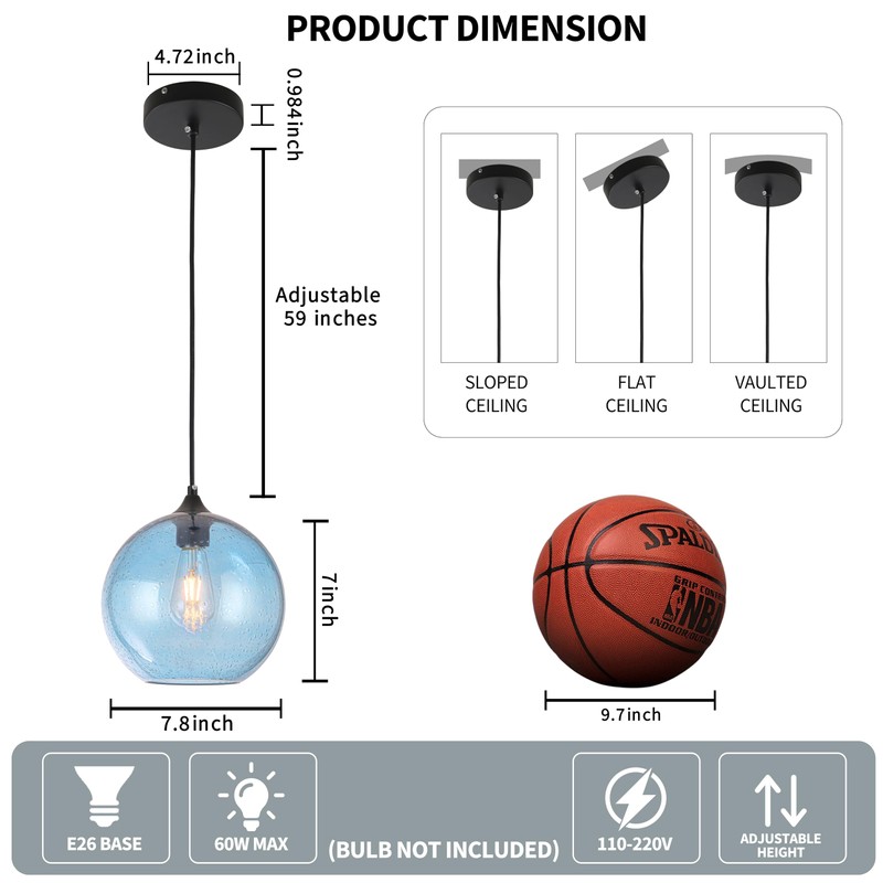 GLAMIGHT Blue Glass Pendant Lights Kitchen Island Lighting Globe Pendant