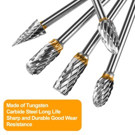 flintronic 14PCS Rotary Point Burr Set, 6mm Head Tungsten Steel Milling Cutter with 4 Multipurpose Drill Bits,3mm Shaft Double Cutter Carbide Burr for Woodworking Carving Engraving Drilling