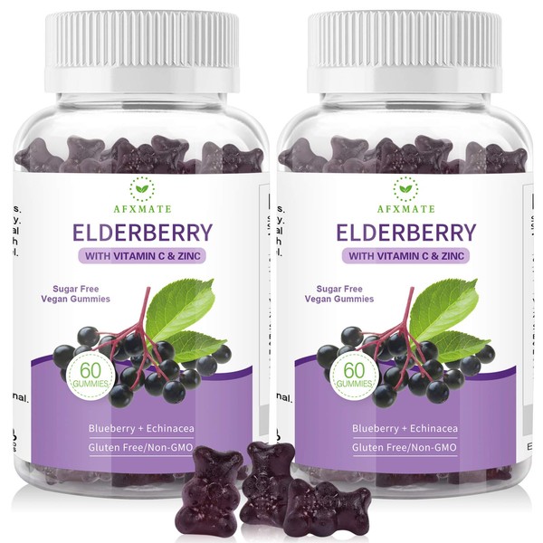 AFXMATE (2-Pack) Elderberry Gummies Sambucus Black Elderberry - for Adults Kids, with Zinc and Vitamin C, 120 Gummies
