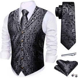 Barry.Wang Mens Silk Lapel/Shawl Collar Vest Tie Sleeve Holder Set Formal/Casual Paisley Vests Wedding Tuxedo Waistcoat