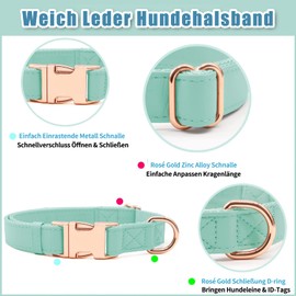 Soft Leather Dog Collar and Lead (2 m) Set - 3-Way Adjustable Dog Lead with Collar, Stylish Rose Gold Metal Buckle & Nylon Dog Lead for Puppies Small Medium Large Dogs Green, S