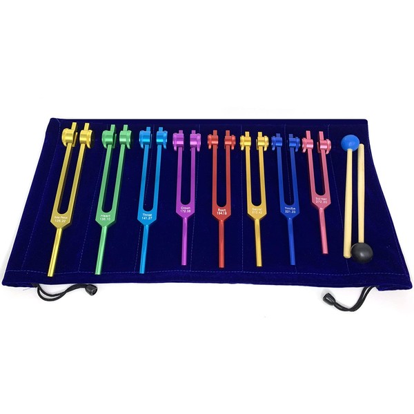 TENFLY Chakra Tuning Forks Set for Healing, 7 Chakra+1 Soul Purpose Weighted Tuning Forks with Rubber Mallet,Velvet Storage bag, Aluminum Alloy, Multicolour,(126.22 Hz, 136.1 Hz, 141.27 Hz etc)