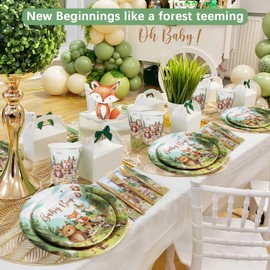 Woodland Baby Shower Decorations Plates Set 25 Guests,175 Pcs Baby Boy Woodland Forest Animals Mountain Wilderness Theme Paper Plates Napkins Cups Cutlery Tableware Decor