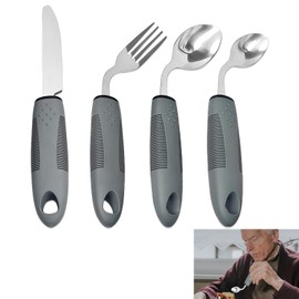 EXIN DECHEN 4-Piece Parkinson Cutlery, Parkinson Aid, Grey, Bending Cutlery for Seniors, Handle Thickening Cutlery for Elderly, Disabled, Arthritis, Parkinsons, Tremors, Affected People