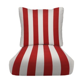 RSH DECOR: Deep Seating Cushion with Pillow Back | 24” x 27” Seat | All-Weather Spun Fabric | Water and Fade-Resistant | Outdoor Chair Cushion Set for Patio Furniture | Red & White Stripe