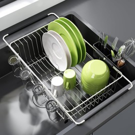 JASIWAY Escurridor de Trastes sobre Fregadero,Expandible Escurridor de Platos Acero Inoxidable para encimera de Cocina, Escurridorplatos con Porta Utensilios y Porta Vasos, Pequeño, Plateado