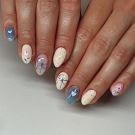 Valentine's Day Press on Nails Almond Fake Nails Milky White False Nails with Blue Bow Heart Designs Nude Glue on Nails Winter Stick on Nails Cute Acrylic Nails Full Cover Matte Artificial Nails