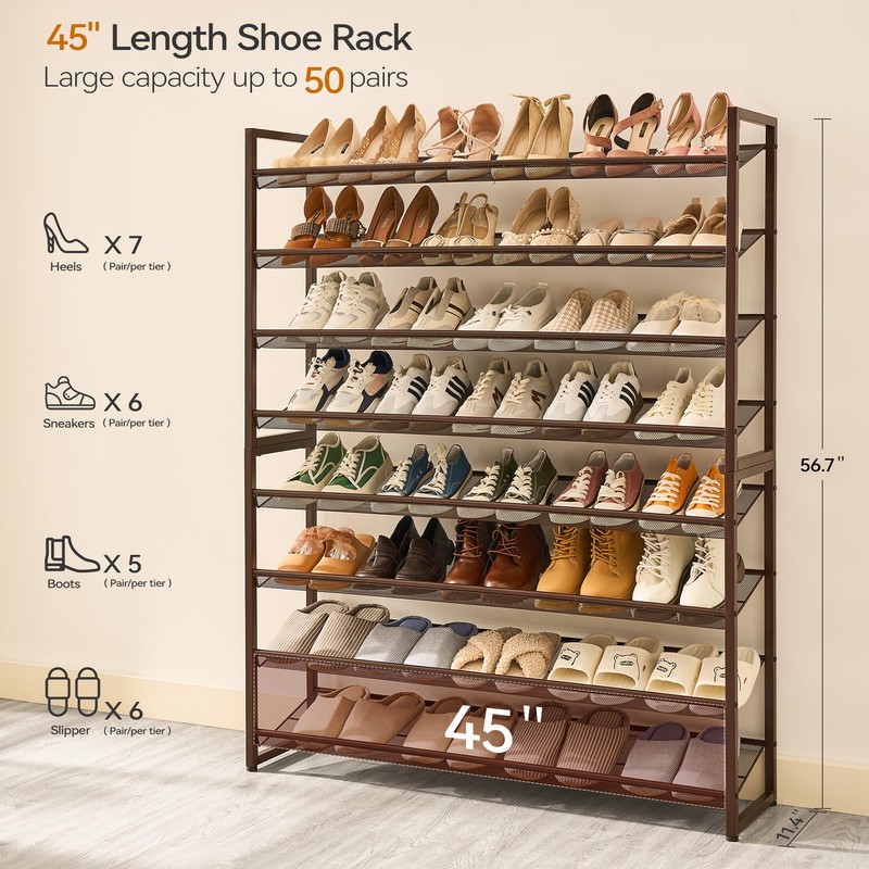 Nunsino Shoe Rack, Long Shoe Organizer,Max Holds 50 Pairs,8 Tier