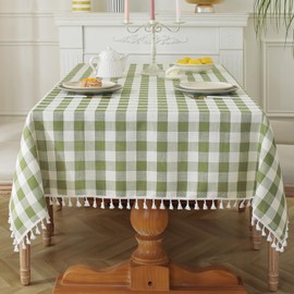 Laolitou Checkered Tablecloth Rectangle Washable Heavy Duty Buffalo Plaid Table Cloth with Tassel Cotton Linen Gingham Table Cover for Holiday Picnic Kitchen Dining Room, Green, 86 Inch