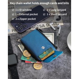 Artpaxy Minimalist Wallet For Mens Womens, Keychain RFID Blocking Zipper Small Wallet with ID Window 2 Lanyards,Water Resistant Travel Cash Card Coin Case Boys Girls