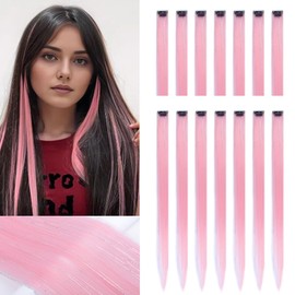 ZIRANJUAN 14 Pieces Clip-in Hair Extensions Light Pink Straight Synthetic Hair Wefts with Glitter Tinsel Highlights 22 Inch for Party Cosplay Halloween Daily Use