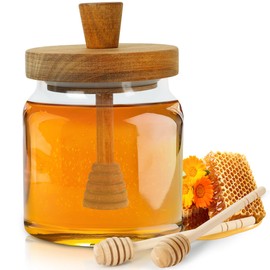 Loscarol Honey Pot with Dipper and Lid - 18oz Glass Honey Jar with Wooden Honey Dippers Stick Set, Wide Mouth Honey Containers - Airtight Syrup Dispenser for Home Kitchen
