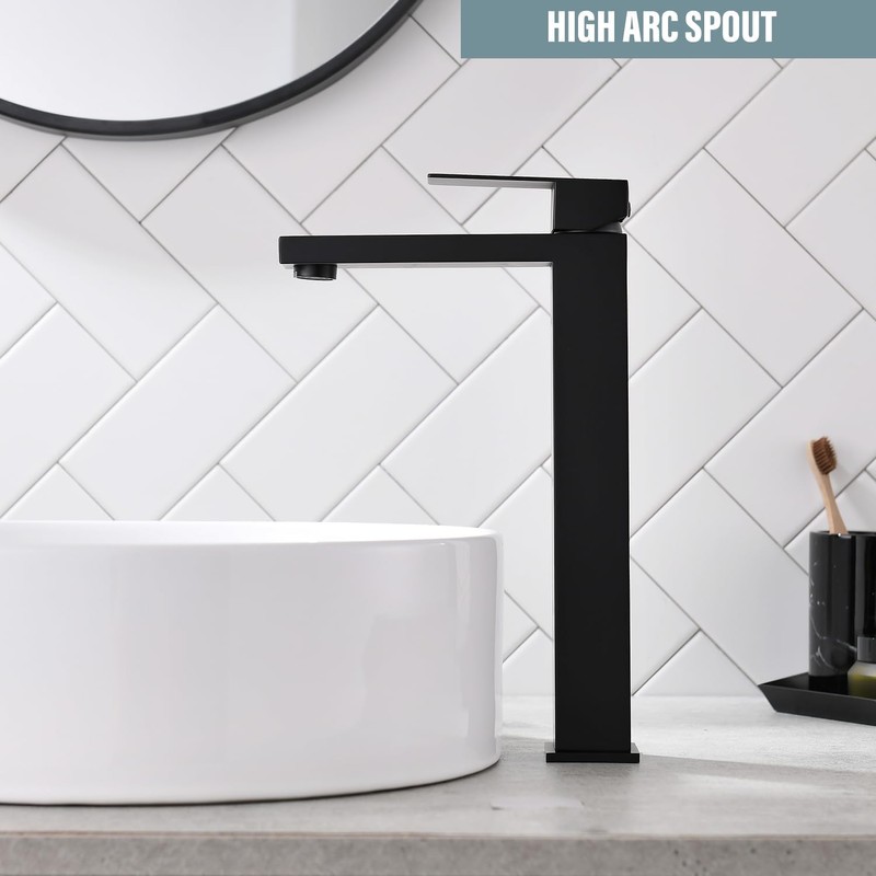 Bathroom Sink Faucet, Matte Black Tall Vessel Sink Faucet, Single