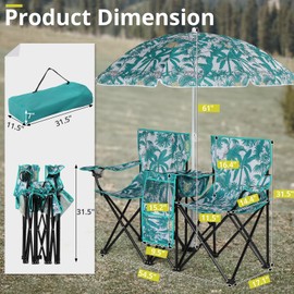 Ynredee Double Camping Chair with Removable Umbrella,Folding Two-Person Seat Beach Chairs with Cup Holder Cooler Bag,Folding Camping Loveseat Chairs for Sports Lawn Patio Outside (Pineapple)