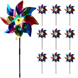 10 Pack Reflective Pinwheels for Garden, 19.7 inch Windmill Wind Spinners with Stakes, Extra Sparkly Pin Wheel Set Bird Deterrents to Scare Birds and Animal Away from Yard Patio Farm (Rainbow)