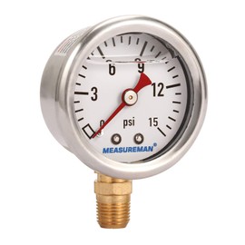 MEASUREMAN 1-1/2" Dial Size, Glycerin Filled Fuel Pressure Gauge, 304 Stainless Steel case, 0-15Psi, +/-3-2-3%, 1/8" NPT Lower Mount