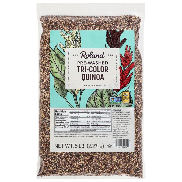 Roland Foods Organic Tri-Color Quinoa, Pre-washed, Guten Free Whole Grain, 5 Lb Bag