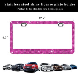 Ziciner Bling License Plate Frame, Sparkly License Plate Tag Cover with Multifaceted Rhinestones, Stainless Steel Crystal License Plate Holder, Universal Exterior Car Accessories (Pink, 1PCS)