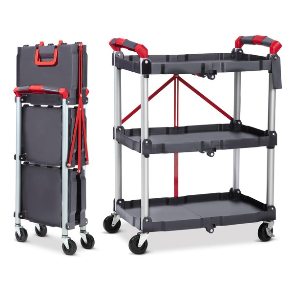 Folding Utility Cart,3-Tier Collapsible Service Cart with All-Terrain Lockable Wheels,150LBS