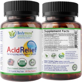 Bodymune AcidRelief Acid Tamer | Promotes Stomach Comfort & Digestive Wellness* | Organic Herbal Blend for Gut Health* | 60 Capsules | Made in USA, USDA Organic, Vegan, Non-GMO, Gluten-Free