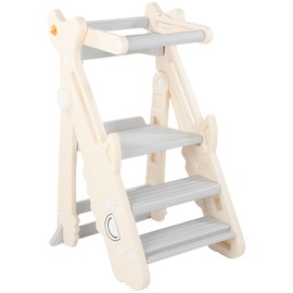 GCCSJ Foldable Learning Tower for Toddlers - Adjustable Height Kitchen & Bathroom Step Stool with Non-Slip Foot Pads, Safety Rails, Portable Kids Helper Stool, Beige