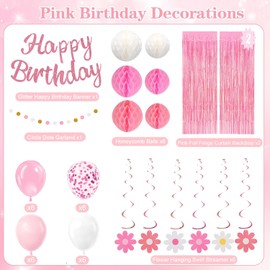 Pre-Strung Pink Birthday Decorations for Women Kits- Birthday Curtain Backdrop, Ballons, Glitter Banner with Honeycomb Balls, Stars Hanging Swirl Streamers, Circle Dots Garland